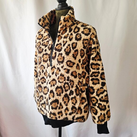 πLike Newπ Express Animal Print Half-Zip Teddy Jacket, Tan/Brown/Black Size XS - Picture 3 of 7